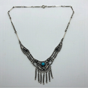 TURQUOISE & 835 Silver Filigree Tassels Necklace Vintage 16” + 1” Drop